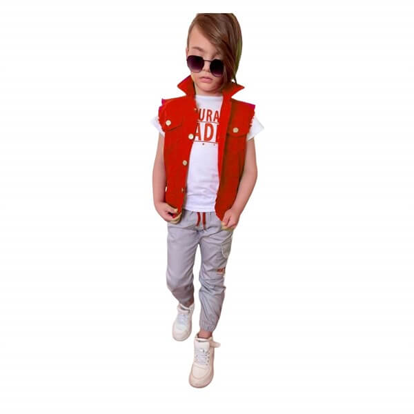 Erkek Çocuk Denim Yelekli Kırmızı Takım-Kid Boy Cloth Sets-QuzucukKids.com