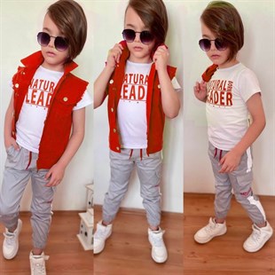 Erkek Çocuk Denim Yelekli Kırmızı Takım-Kid Boy Cloth Sets-QuzucukKids.com
