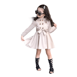 Kız Çocuk Bej Trenç Elbise-Kız Çocuk Elbise-QuzucukKids.com