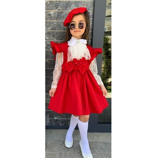 Kız Çocuk Gömlek / Salopet Elbise Kırmızı 5li Takım