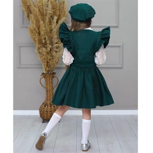 Kız Çocuk Gömlek / Salopet Elbise Yeşil 5li Takım
