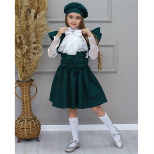 Kız Çocuk Gömlek / Salopet Elbise Yeşil 5'li Takım-Kid Girl Dresses-Kız Çocuk Gömlek / Salopet Elbise Kırmızı 5'li Takım | QuzucukKids.com-QuzucukKids.com