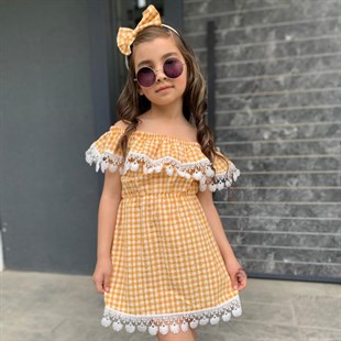 Kız Çocuk Güpürlü Ekose Elbise-Kid Girl Dresses-Kız Çocuk Güpürlü Ekose Elbise | QuzucukKids.com-QuzucukKids.com