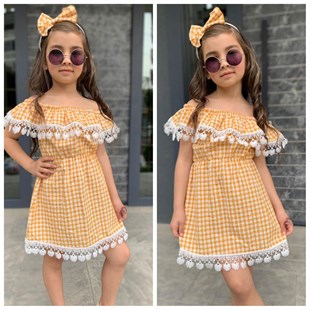 Kız Çocuk Güpürlü Ekose Elbise-Kid Girl Dresses-Kız Çocuk Güpürlü Ekose Elbise | QuzucukKids.com-QuzucukKids.com