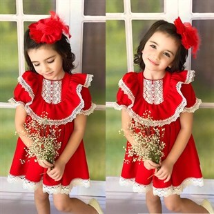Kız Çocuk Kırmızı Güpür Detaylı Özel Gün Elbisesi-Kız Çocuk Elbise-QuzucukKids.com