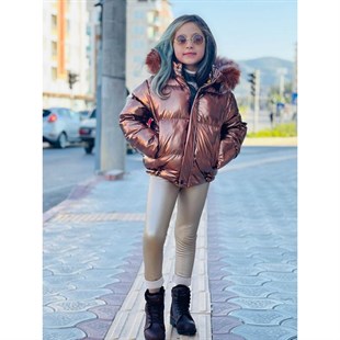 Kız Çocuk Kışlık Parlak Bronz Şişme Mont-Kid Girl Jacket-QuzucukKids.com