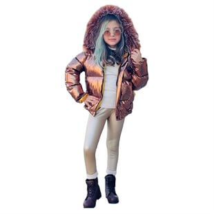 Kız Çocuk Kışlık Parlak Bronz Şişme Mont-Kid Girl Jacket-QuzucukKids.com
