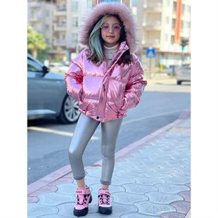 Kız Çocuk Kışlık Parlak Pembe Şişme Mont-Kid Girl Jacket-QuzucukKids.com