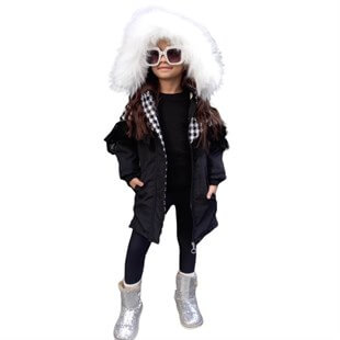 Kız Çocuk Kürk Yakalı Güpürlü Siyah Mont-Kid Girl Jacket-QuzucukKids.com