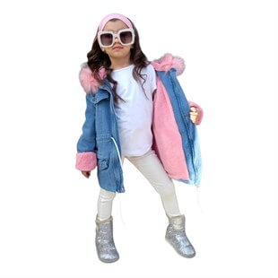 Kız Çocuk Pembe Peluşlu Kot Mont-Kid Girl Jacket-QuzucukKids.com