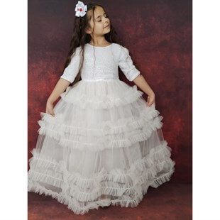 Kız Çocuk Pulpayet Detaylı Beyaz Prenses Elbise