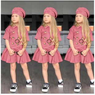 Kız Çocuk Şapkalı Pembe Trenç Elbise-Kız Çocuk Elbise-QuzucukKids.com